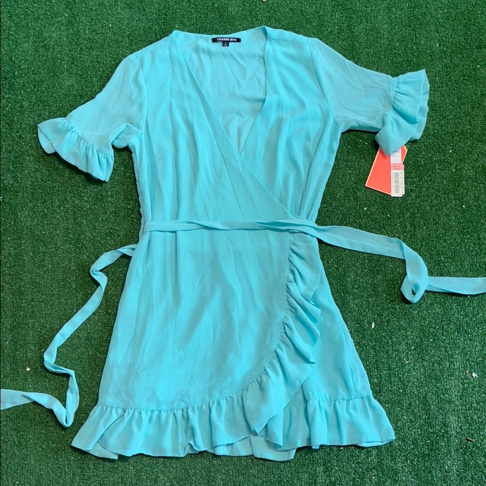 NWT Cider Blue Wrap Ruffled Mini Sundress